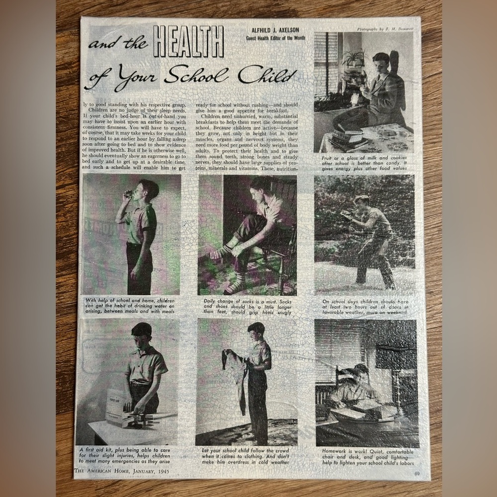 1945 The American Home Magazine page on canvas panel 12x9” weird art collage